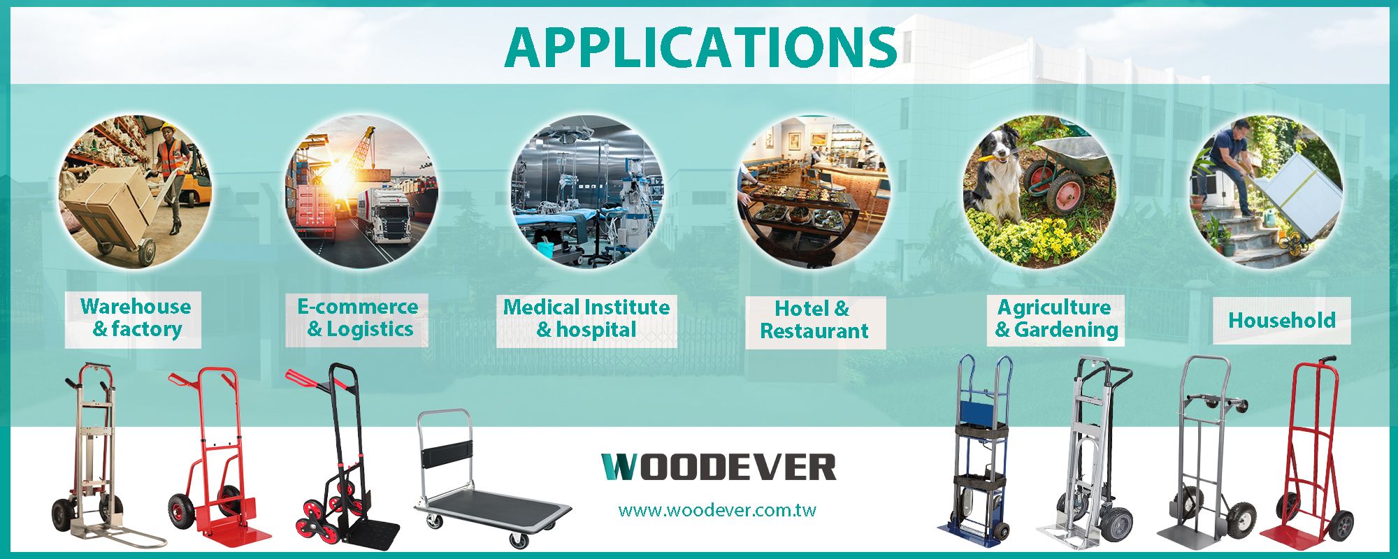 Applicazioni di carrelli elevatori in vari settori come logistica, medicale, alberghiero e ristorazione
