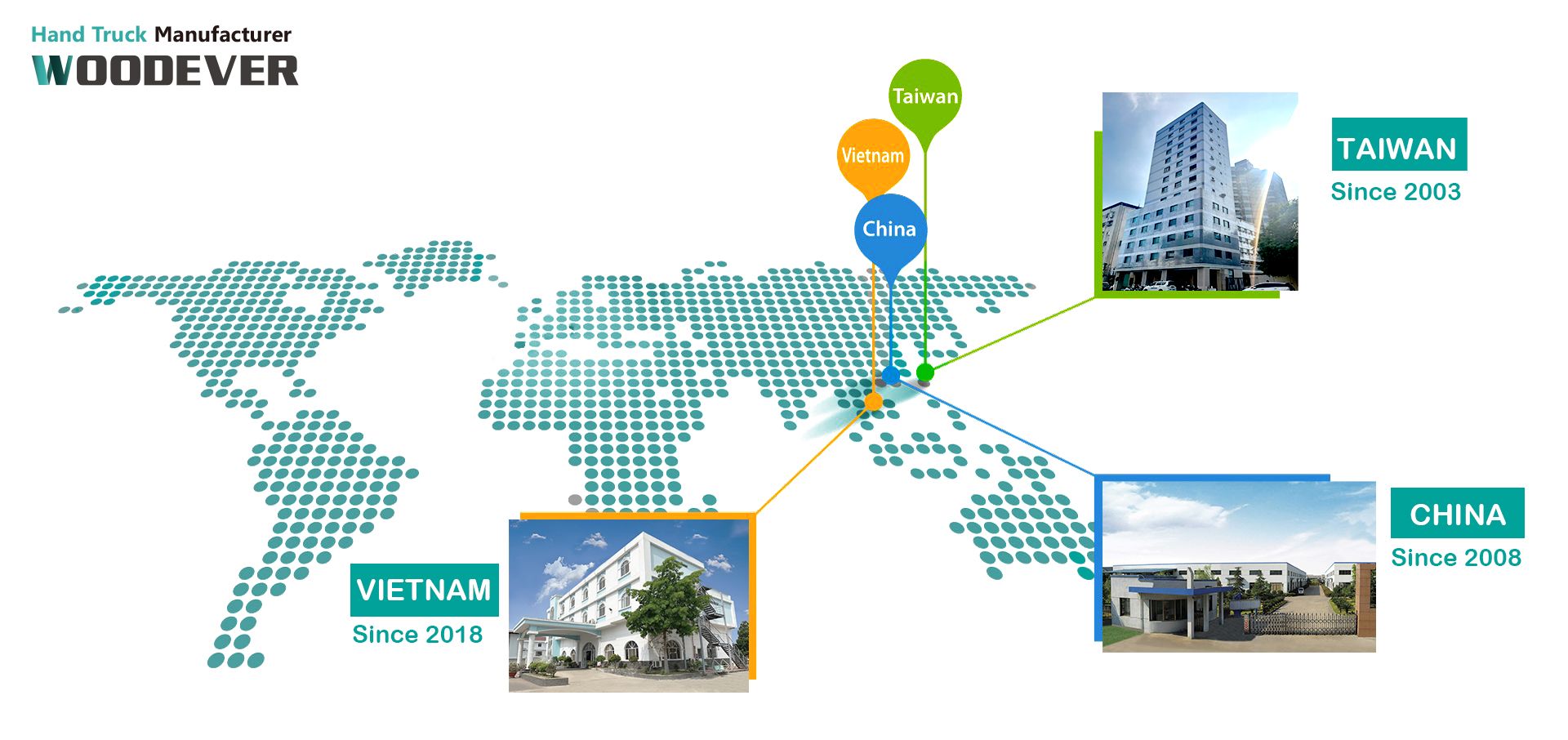 WOODEVER का मुख्यालय ताइचुंग शहर, ताइवान में है और चीन और वियतनाम में 2 विनिर्माण कारखाने हैं