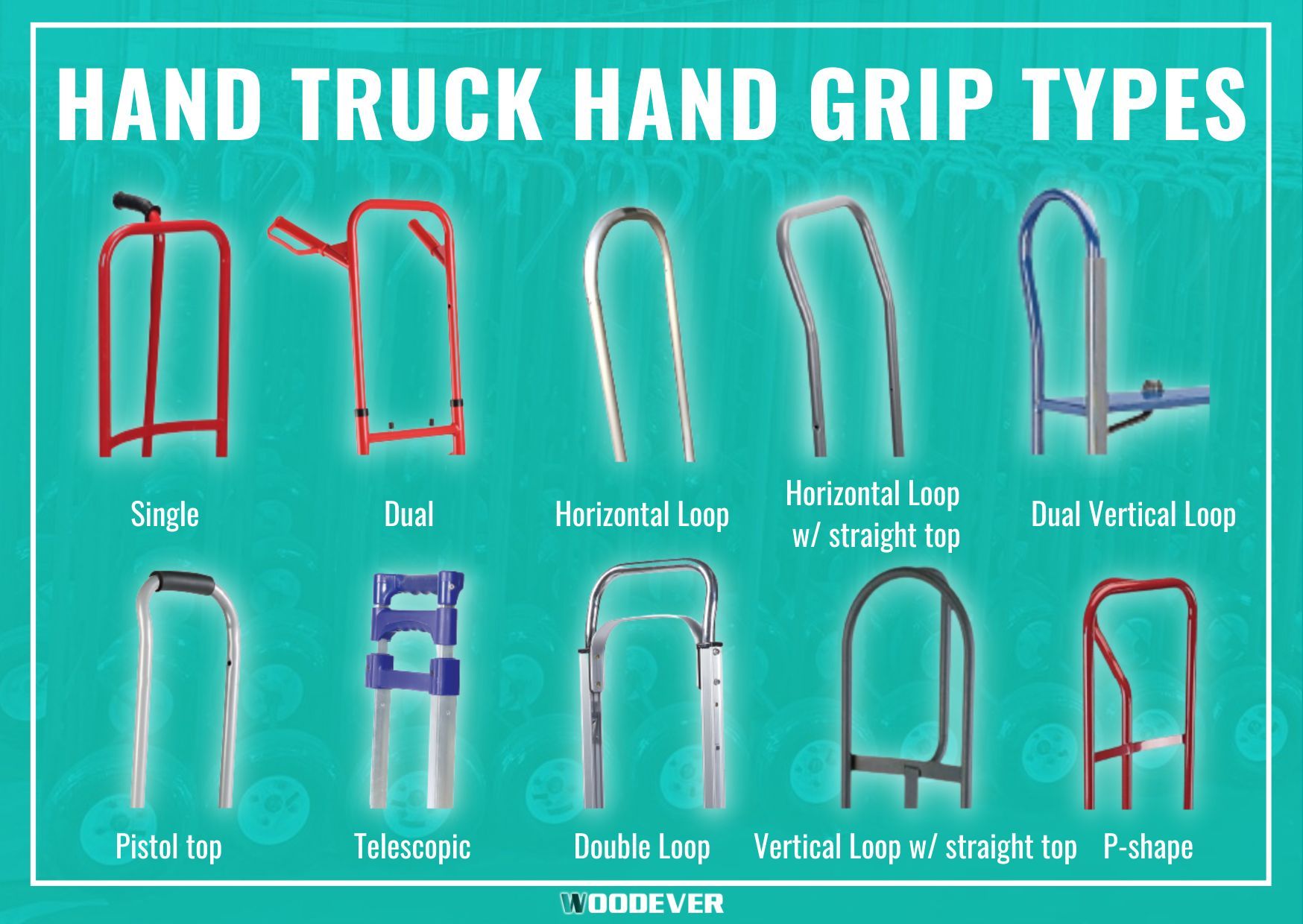 हैंड ट्रक हैंडल के सामान्य प्रकार: एकल हैंडग्रिप, दोहरा हैंड ट्रक, निरंतर हैंड ग्रिप