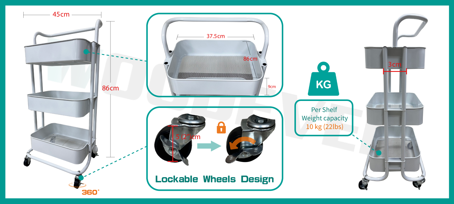 customization features include adjustable shelf heights and a detachable handle design, allowing the utility cart to adapt seamlessly to diverse storage scenarios and provide clients with highly flexible solutions.