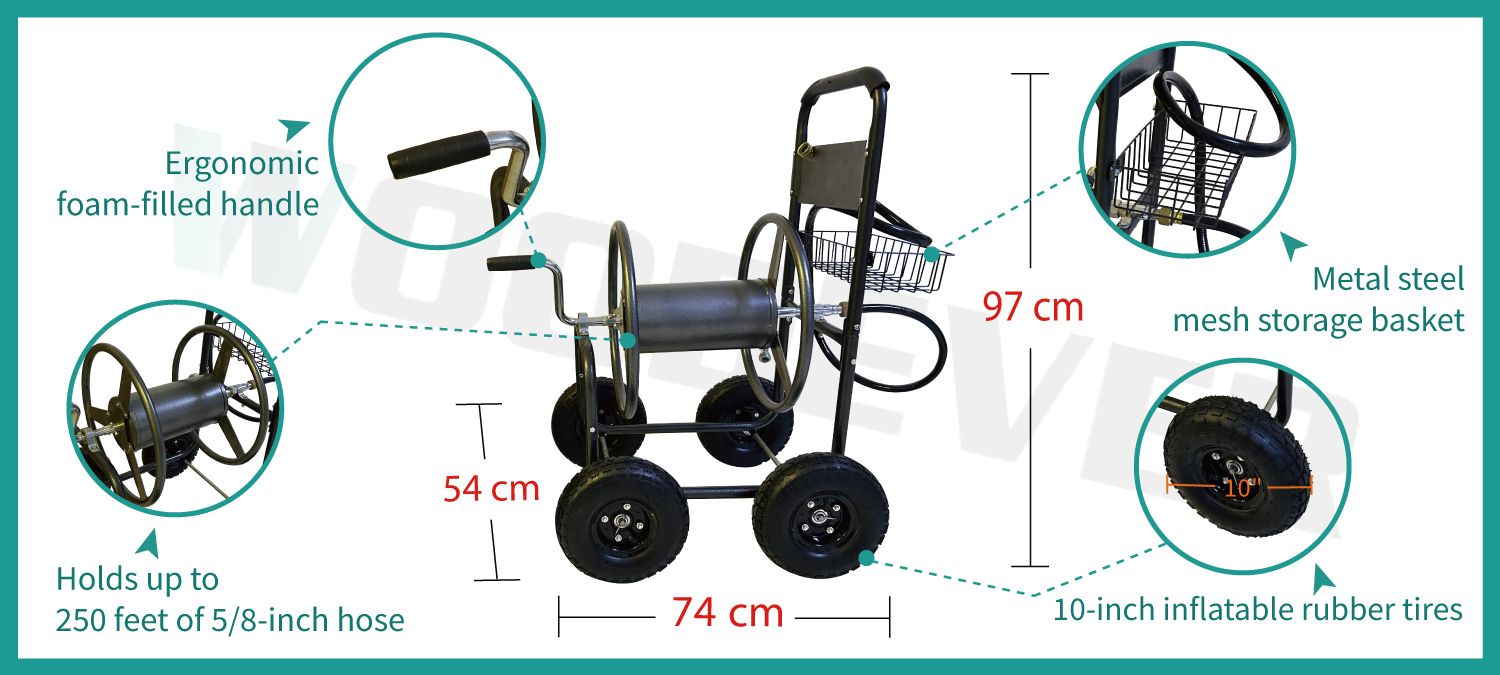 WOODEVERの製造施設は、この多機能伸縮式ガーデンホースカートを生産しており、エルゴノミックな発泡ハンドルと頑丈な鋼製アクスル、後部に金属製メッシュツールバスケットを備えています。